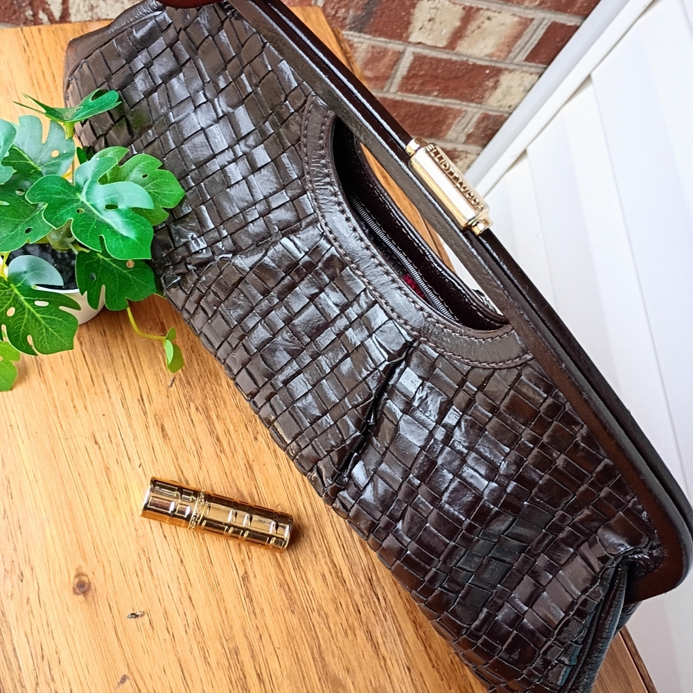 ELIOTT LUCCA WOVEN LUX PATRNT LEATHER GOLD CLASP CLUTCH PURSE HANDBAG NWOT - Picture 5 of 8